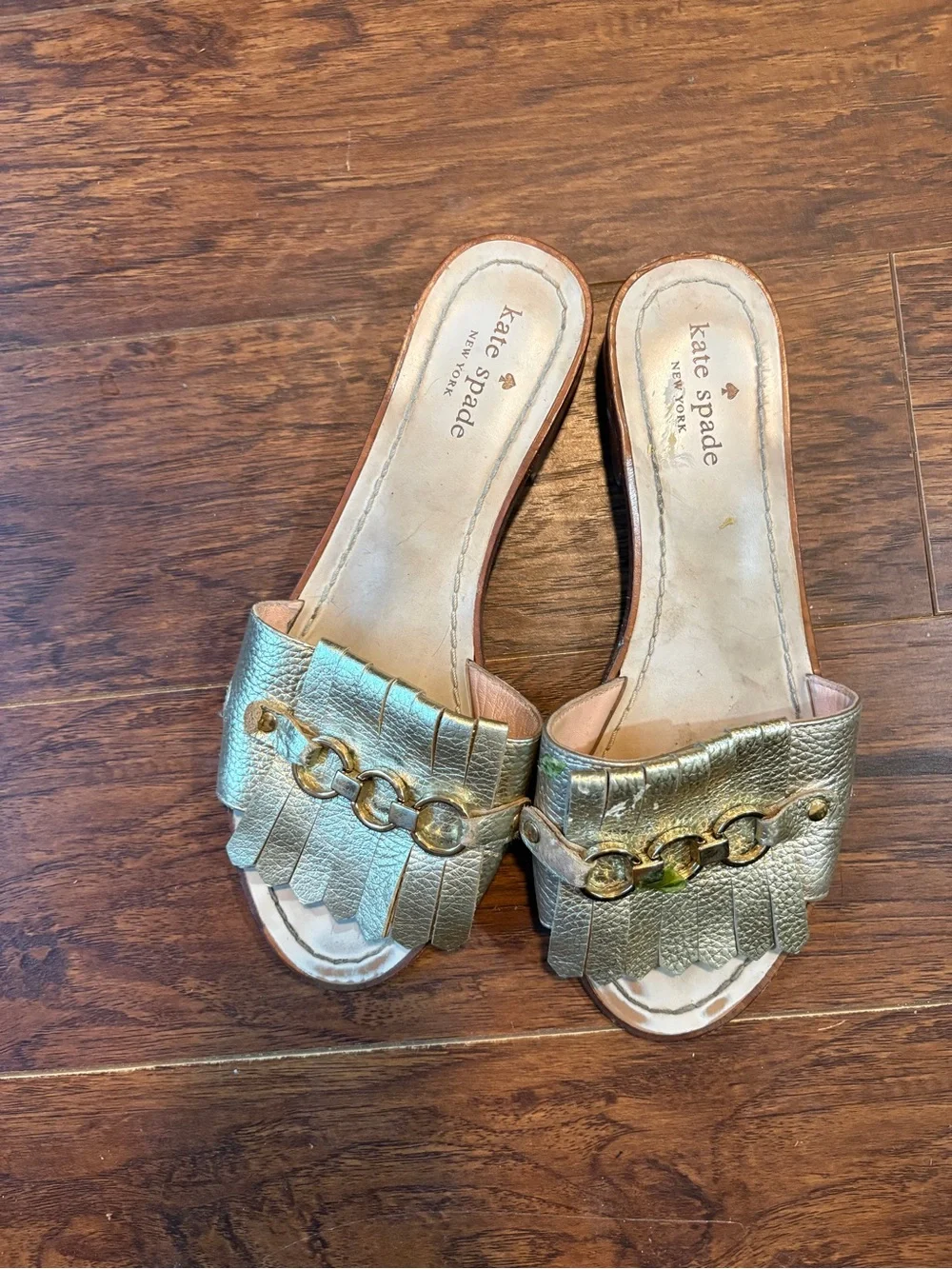 kate spade Brie Metallic Gold Leather Fringe Slide Sandals with Chain Detail